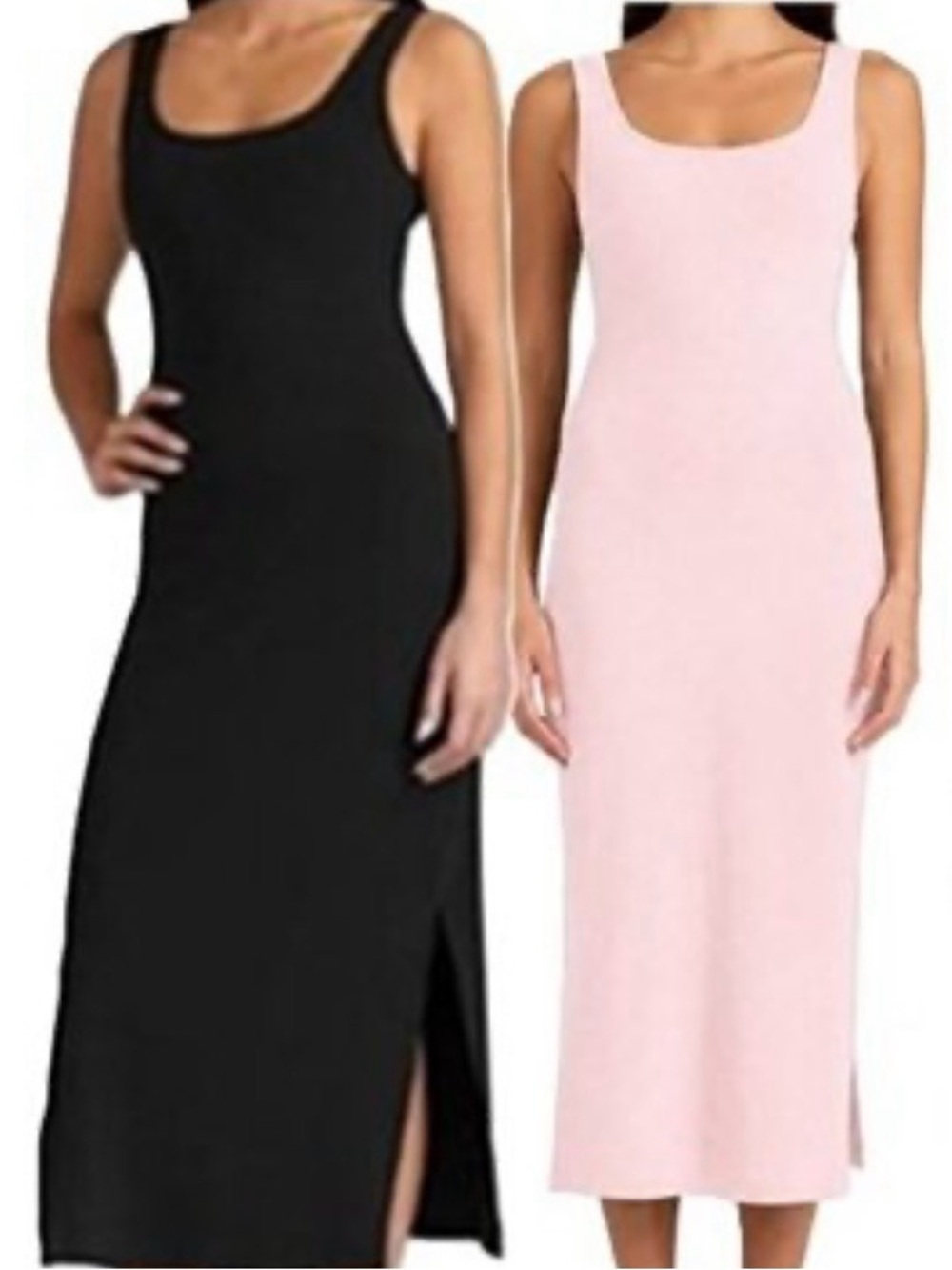 OAK + FORT 2pk Scoop Neck Ribbed Midi Dressed - Black & Light Pink